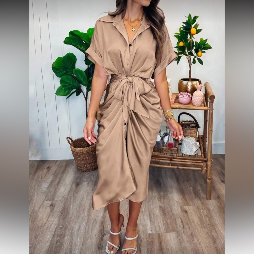 Elegant Khaki Tie-Front Satin Dress